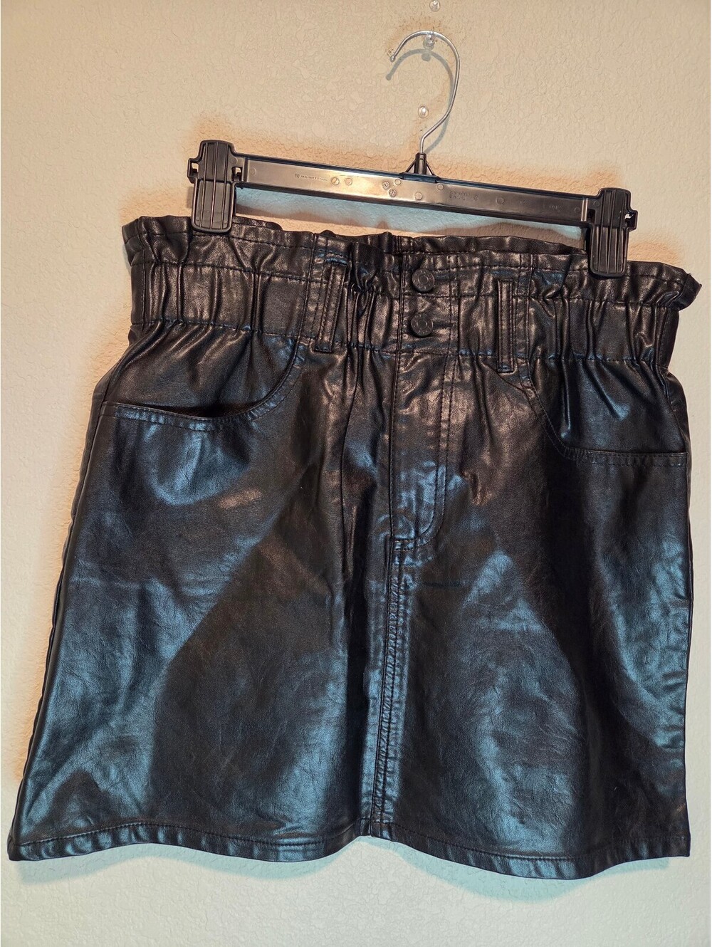 Rewind Black Faux Leather Paperbag Waist Mini Skirt Size 7